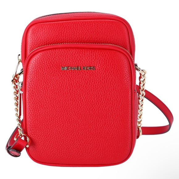 Michael Kors Jet Set Flight Bag Crossbody Pebbled Leather Gold Bright Red - Picture 4 of 5